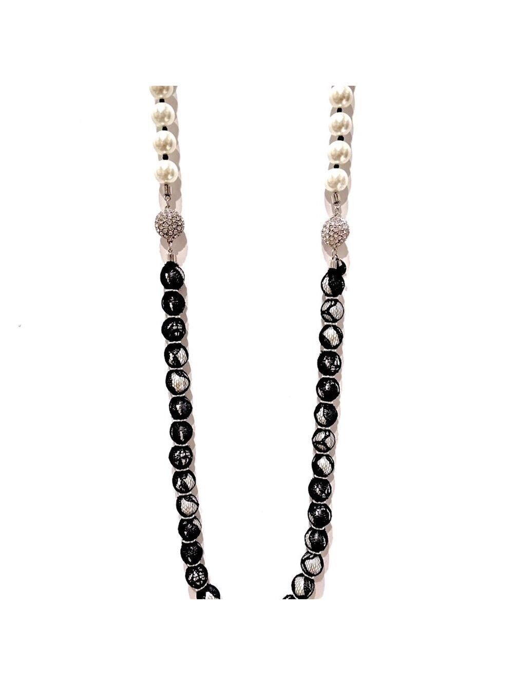 WHBM **2 necklaces in 1** Long Black Lace Wrapped Pearl Necklace - Picture 8 of 16